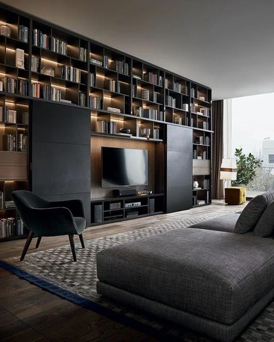 Duvara monte büyük aydınlatmalı raf ünitesi ve sürgülü siyah panellerle gizlenmiş TV içeren siyah-gri şık oturma odası.