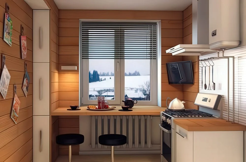 Ahşap kaplamalı küçük mutfak, modern tabureler ve manzaralı pencere pervazı barı.