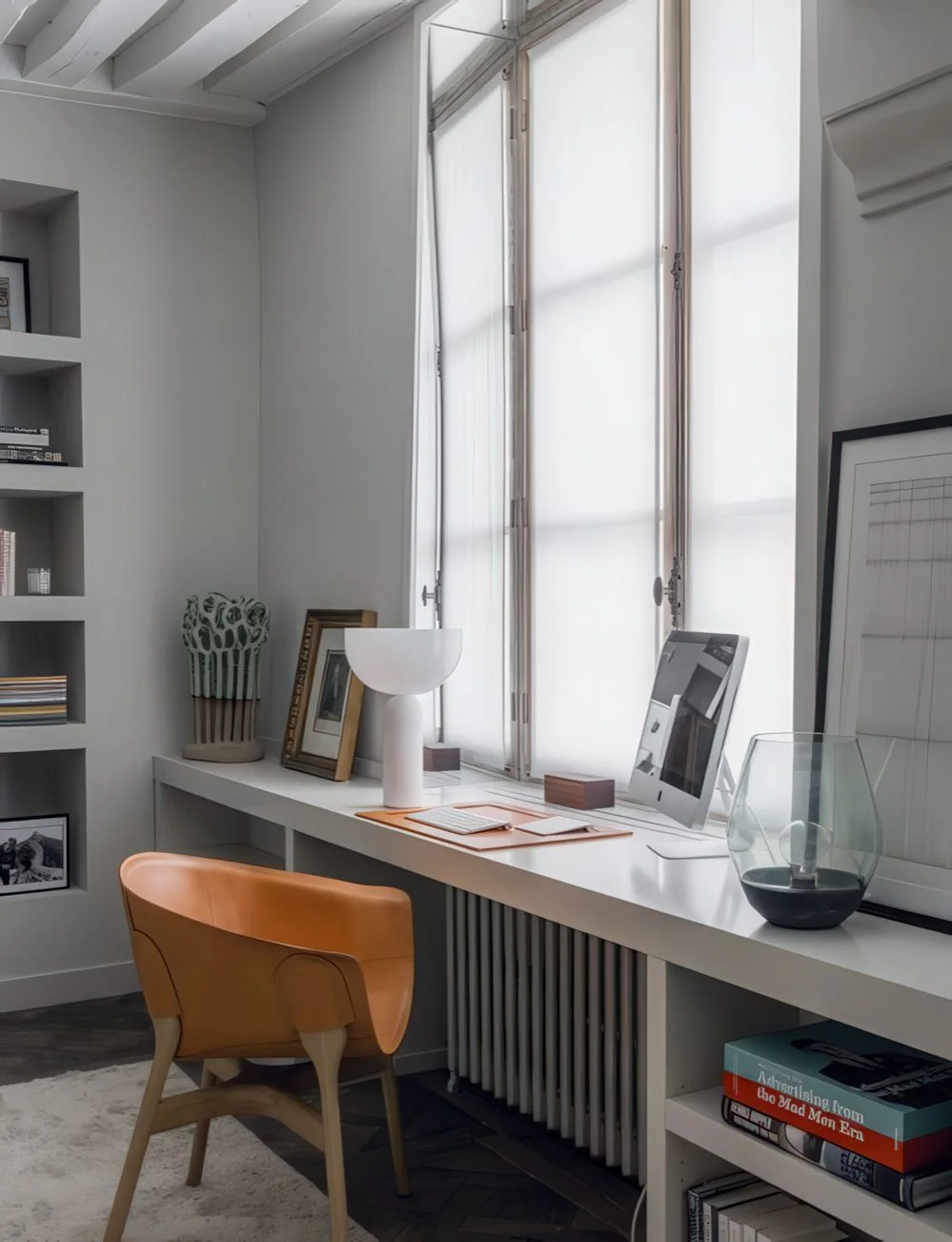 Her iki yanında açık depolama rafları ve rahat deri sandalyeli modern pencere pervazı çalışma alanı.