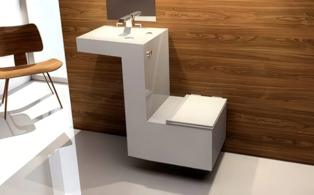 Minimalist, açılı lavabo ve tuvalet ünitesi.