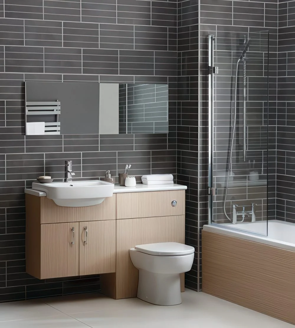 Açık renkli ahşapla kaplanmış lavabo ve tuvalet kombinasyonu.