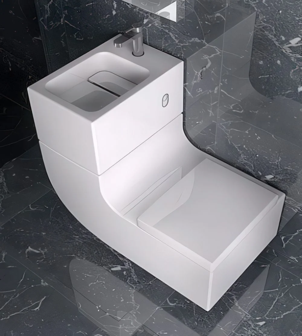 Şık kavisli tuvalet ve lavabo kombini.