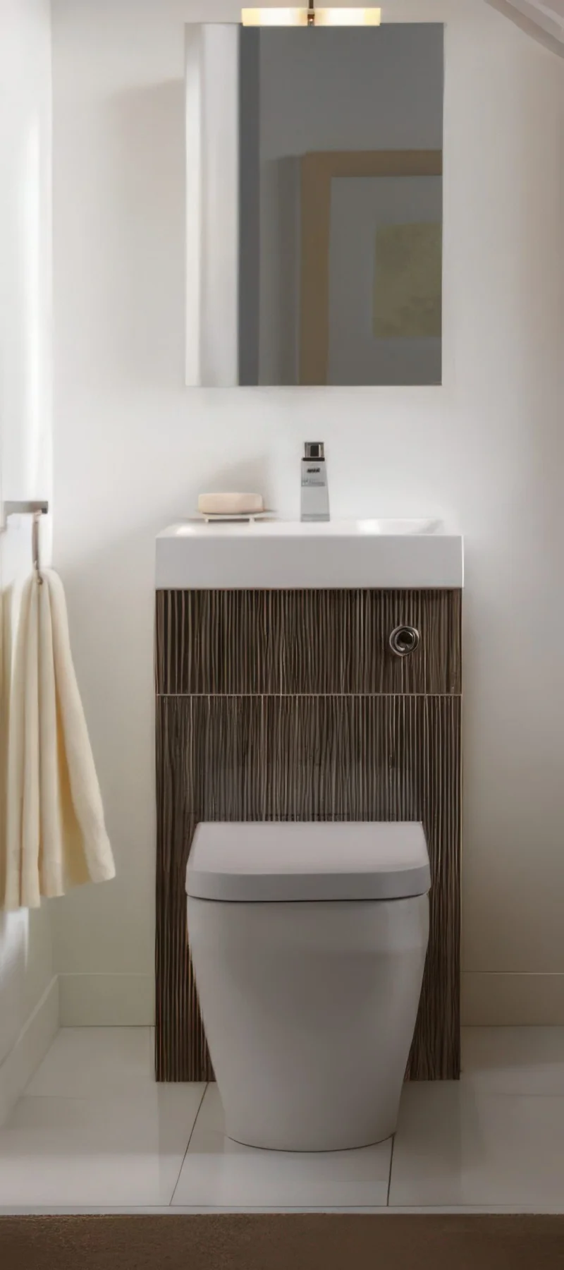 Bambu deseni fayanslarla süslenmiş tuvalet ve lavabo ünitesi.