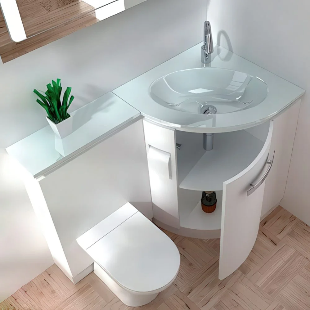 Depolama alanı ve tezgâhı olan lavabo ile tuvaletin birleştiği ünite.