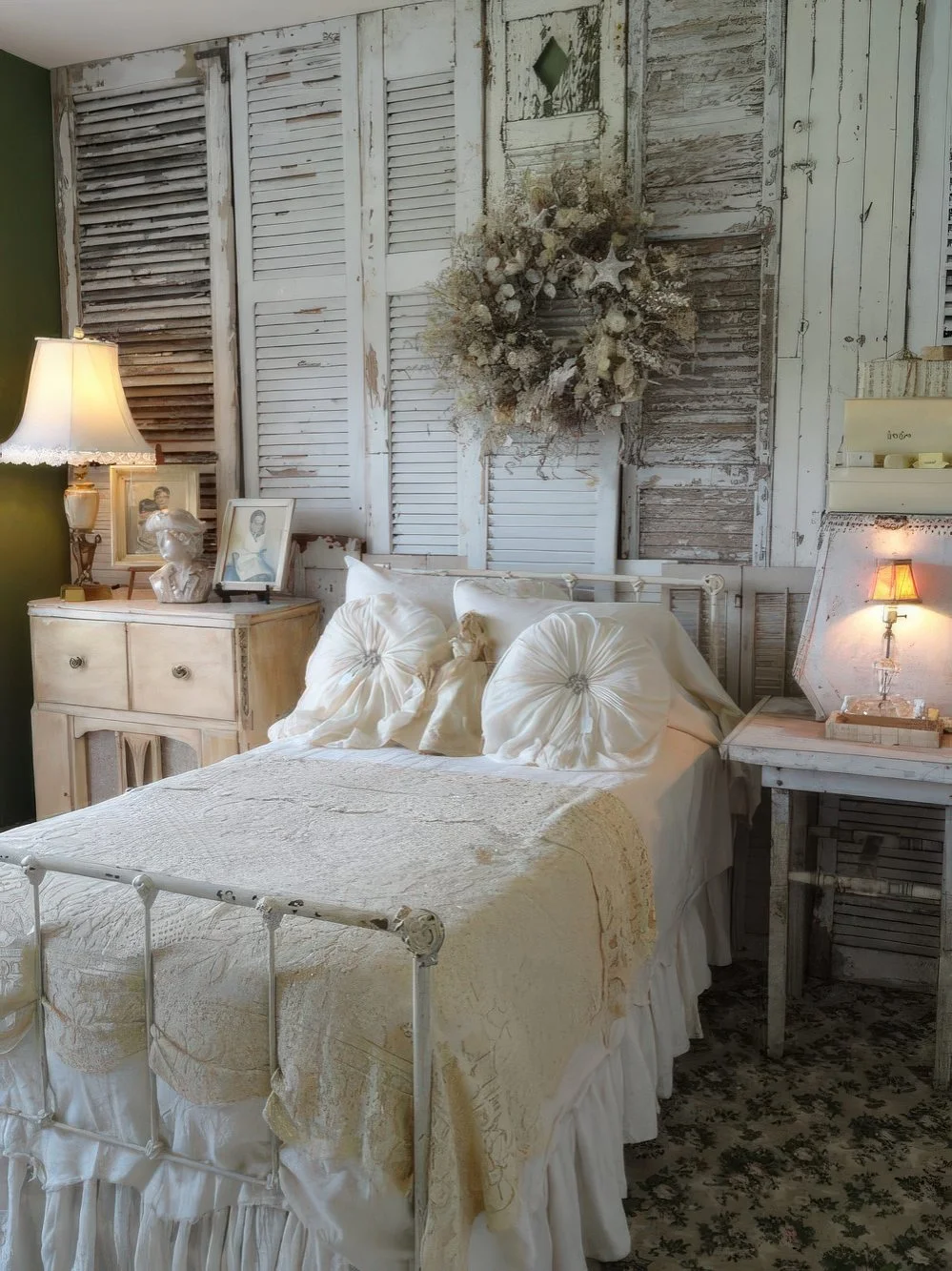 Tüm duvarı kaplayan eski panjurlar, yatak odasına anında shabby chic stil katıyor.