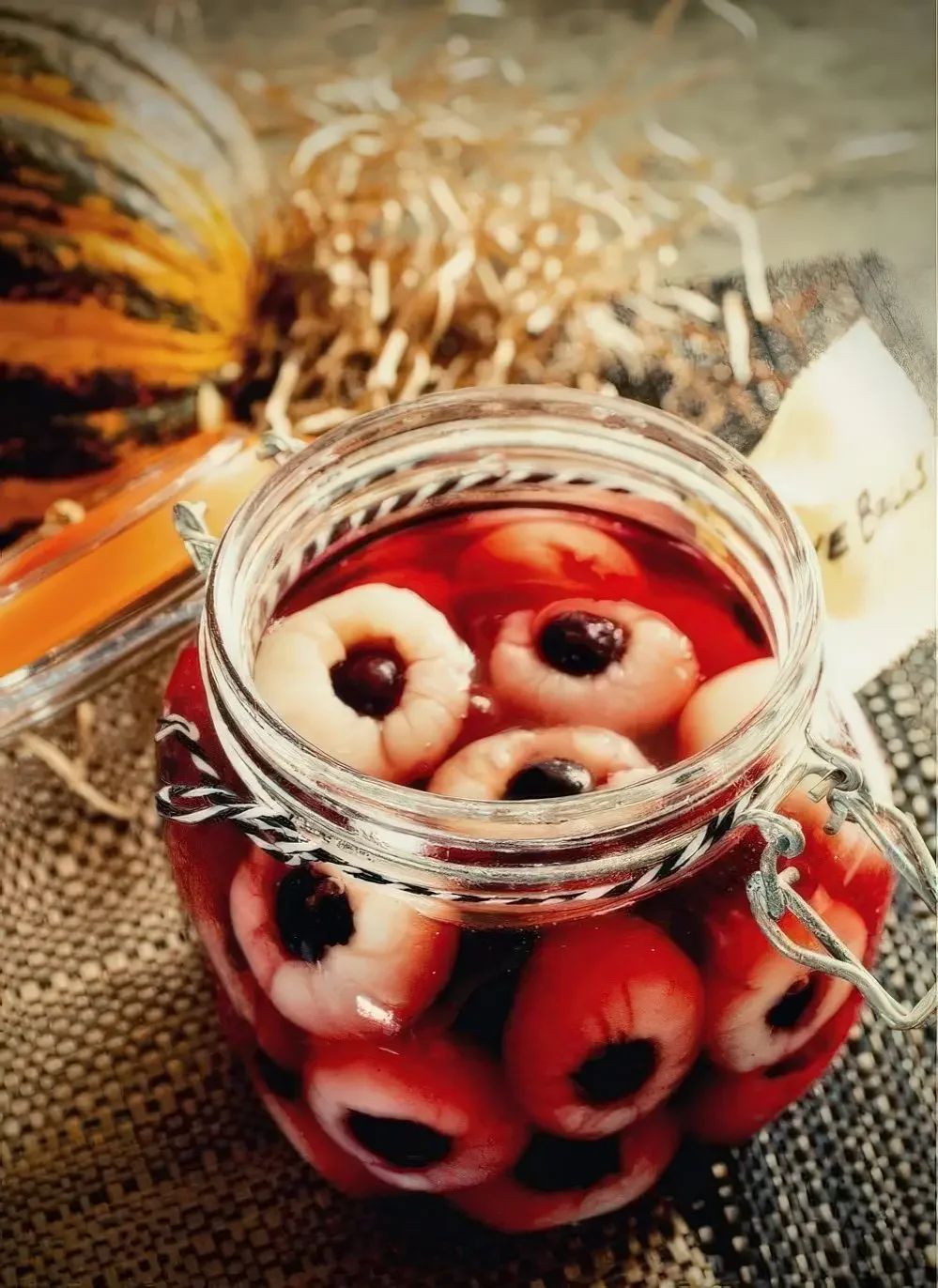 Bir kavanozda lychee ve yaban mersini gözler herkesi etkileyecek ve korkutacak, oldukça gerçekçi görünüyorlar.