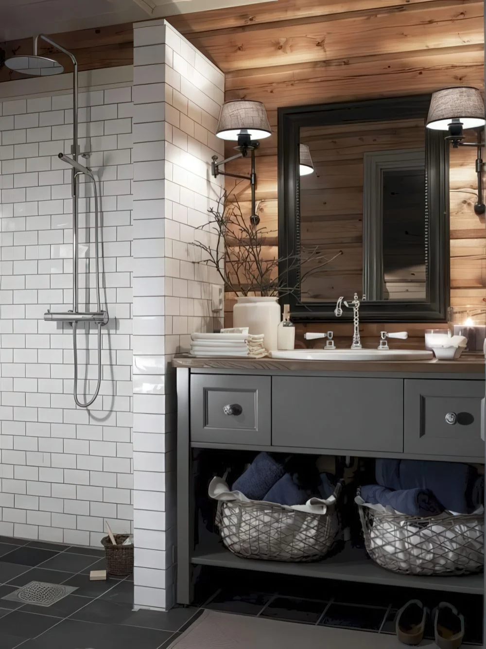 Ahşap duvarlı, vintage gri lavabo, beyaz fayanslı duş alanı ve siyah çerçeveli aynalı ahır banyosu.