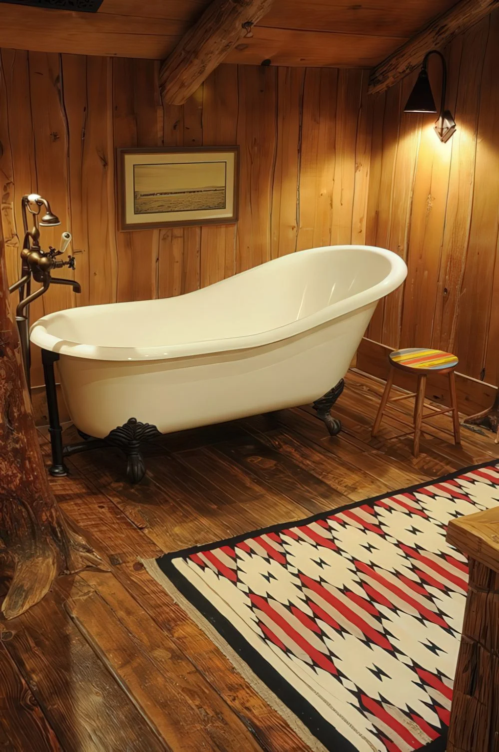 Tamamen ahşap kaplı ahır banyosu, pençeli küvet, parlak halı ve vintage armatürlerle donatılmış.