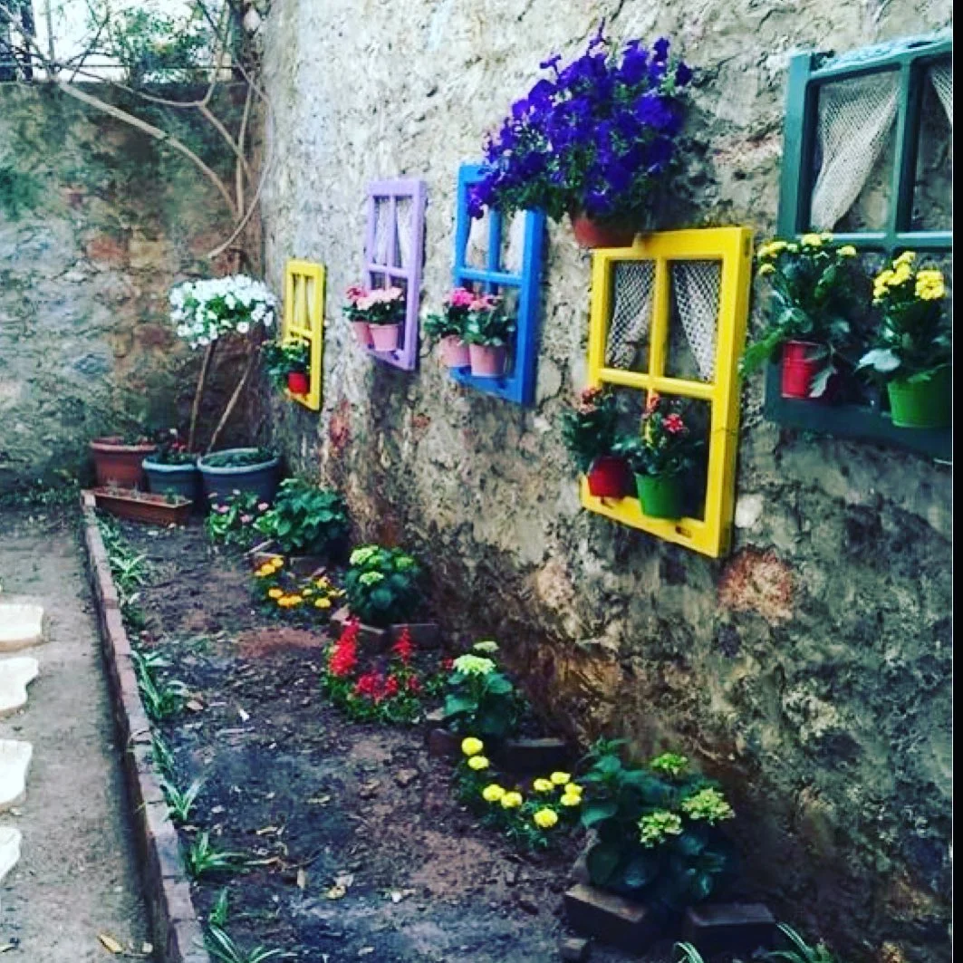 Canlı boyanmış pencere pervazları, bahçe duvarına neşeli renk katıyor. Her çerçevede küçük saksılarda çiçekler, sıradan taş duvarı canlı bir açık hava galerisine dönüştürüyor.