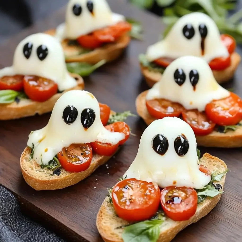 Erimiş mozzarella hayaletleri, kiraz domates bruschetta üzerinde süzülüyor – basit, korkutucu ve çok lezzetli. Bu küçük hayalet atıştırmalıklar partide ilk tükenenler arasında.