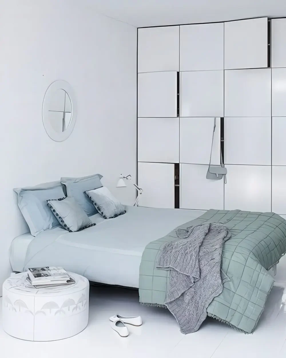 Yatak odası için zeminden tavana şık ve basit IKEA Besta saklama ünitesi.