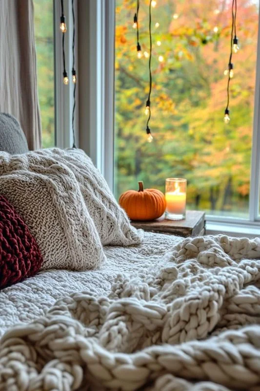 Işıklar, balkabakları ve mumlarla yapılan sıcak styling sonbahar için harikadır.