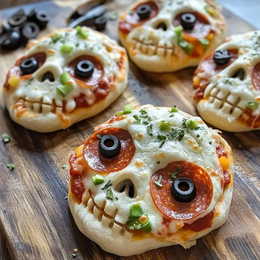Tepsiye gülümseyen mini kafatası pizzalar — hem ürkütücü hem şirin! Zeytin 'gözleri' ve pepperoni 'irisi' onları neredeyse yemesi korkutucu hale getiriyor... neredeyse.