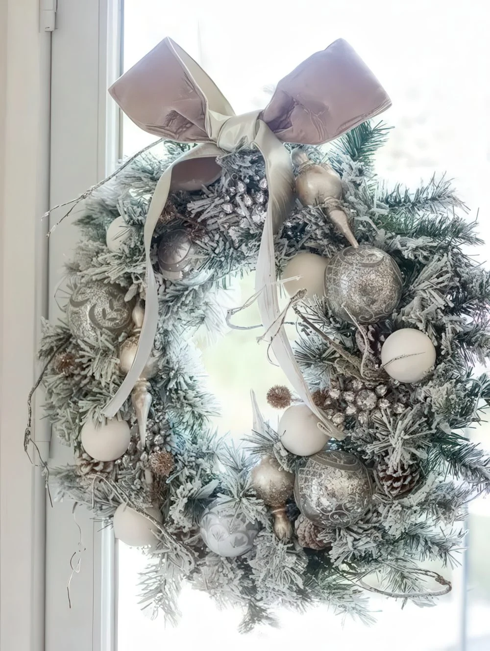 Kar kaplı kozalaklar ve üstte bir kurdele bulunan gümüş Noel çelengi, şık ve elegan bir yılbaşı dekor fikri.
