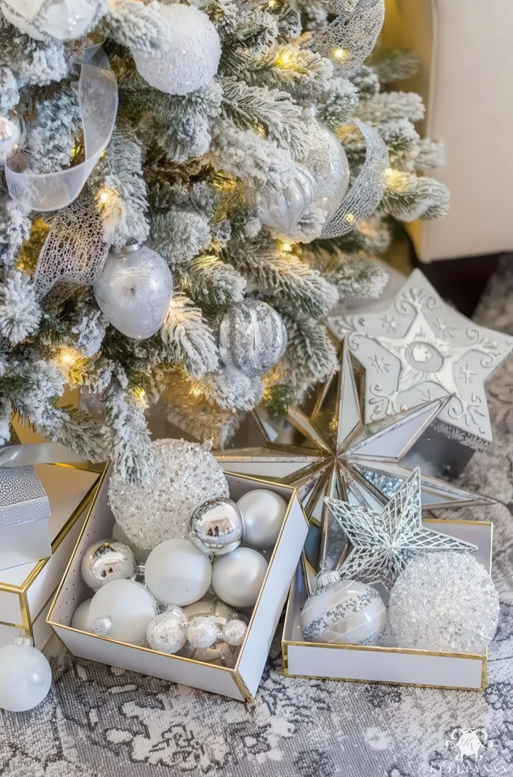 Karla kaplı, gümüş ve gümüş simli süsler ve ışıklarla donatılmış karla süslenmiş Noel ağacı, kış peri masalı havası yaratıyor.