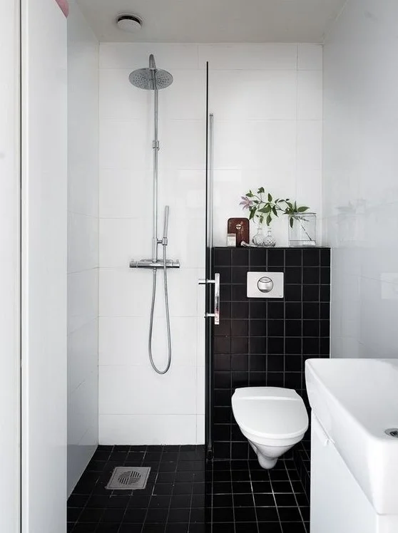 Küçük siyah beyaz karolu banyo, duş alanı, lavabo ve ferahlatıcı yeşilliklerle.