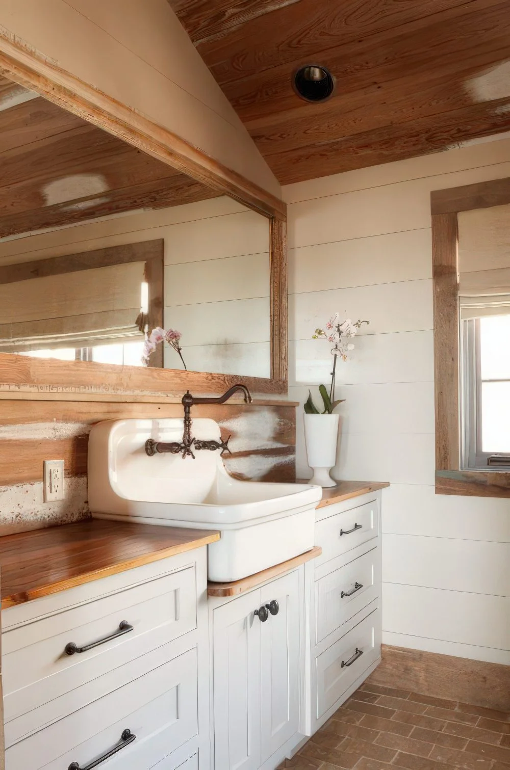 Ahşap plank duvarlı, lekeli tavanlı, beyaz dolaplı, vintage lavabo ve büyük aynalı nötr ahır banyosu.