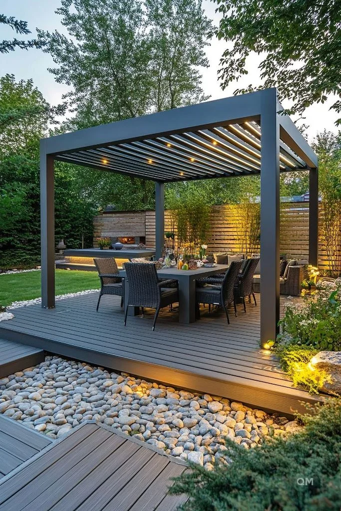 Koyu renkli pergola burada atmosferi belirliyor, koyu mobilyalar da bu tarzı sürdürüyor.