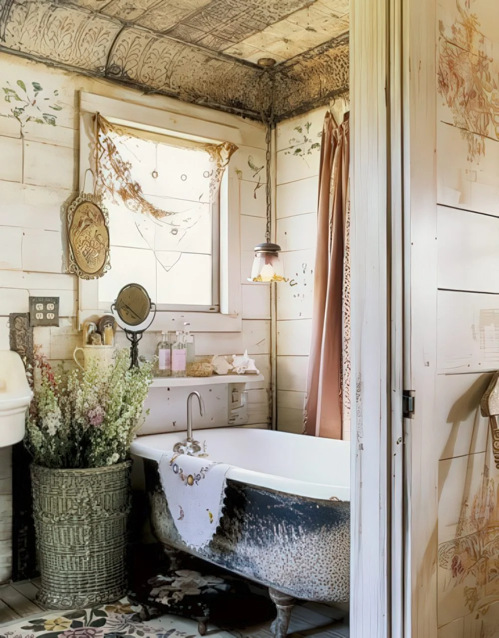 Nötr shabby chic tarzda, ahşap panelli, büyük sepeti, ayaklı küveti ve büyük penceresi ile vintage aksesuarların olduğu ahır banyosu.