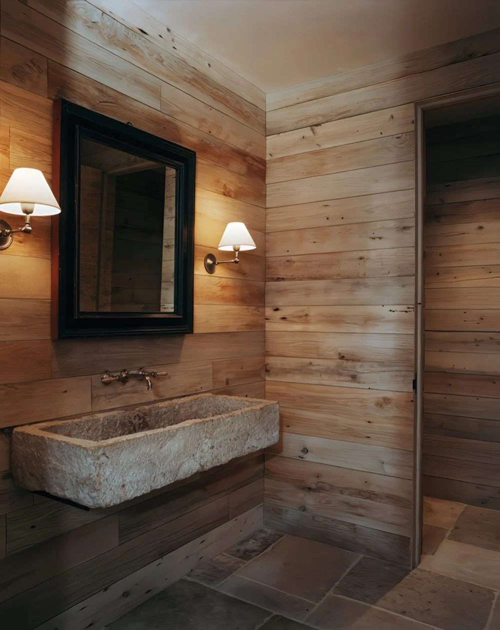 Ahşap kaplı çok basit bir ahır banyosu, aynalı ve taş duvara monte lavabo.