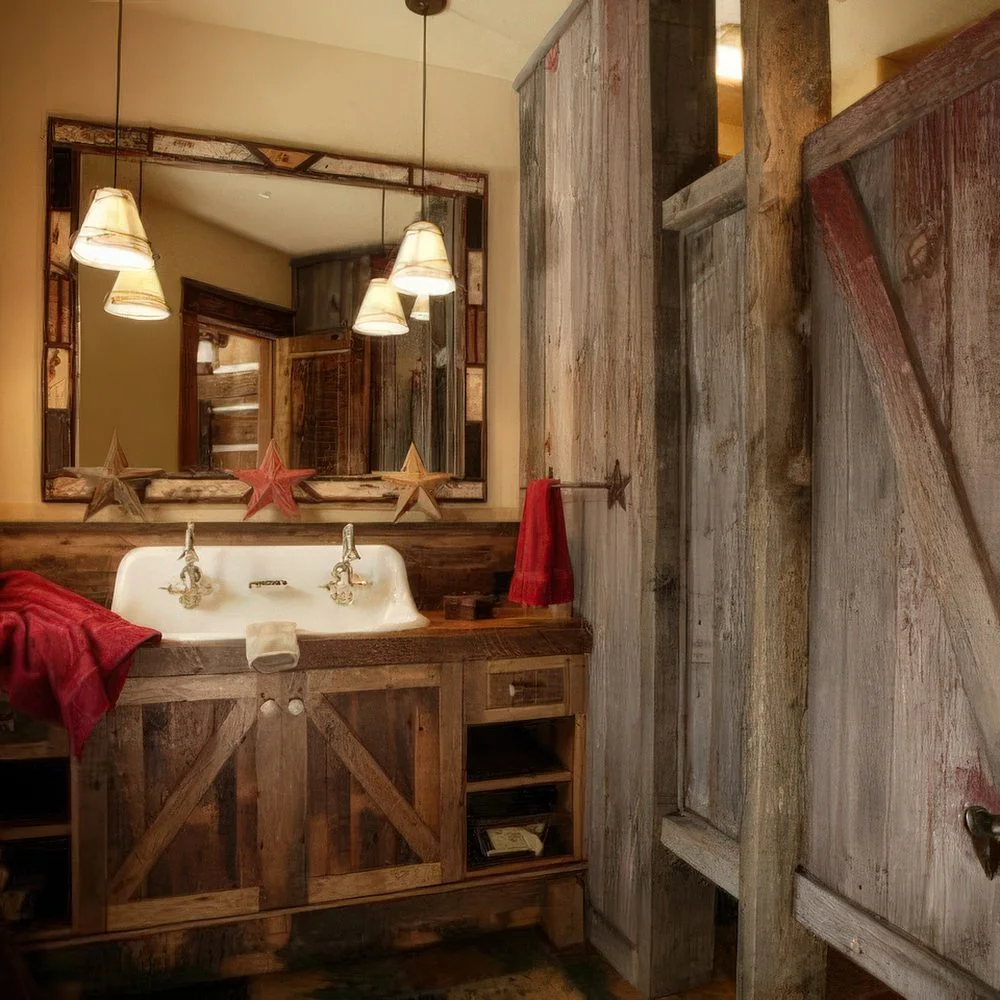 Geri kazanılmış ahşap kaplı rustik banyo; vintage ayna, geri kazanılmış ahşap lavabo ve parlak havlular içerir.