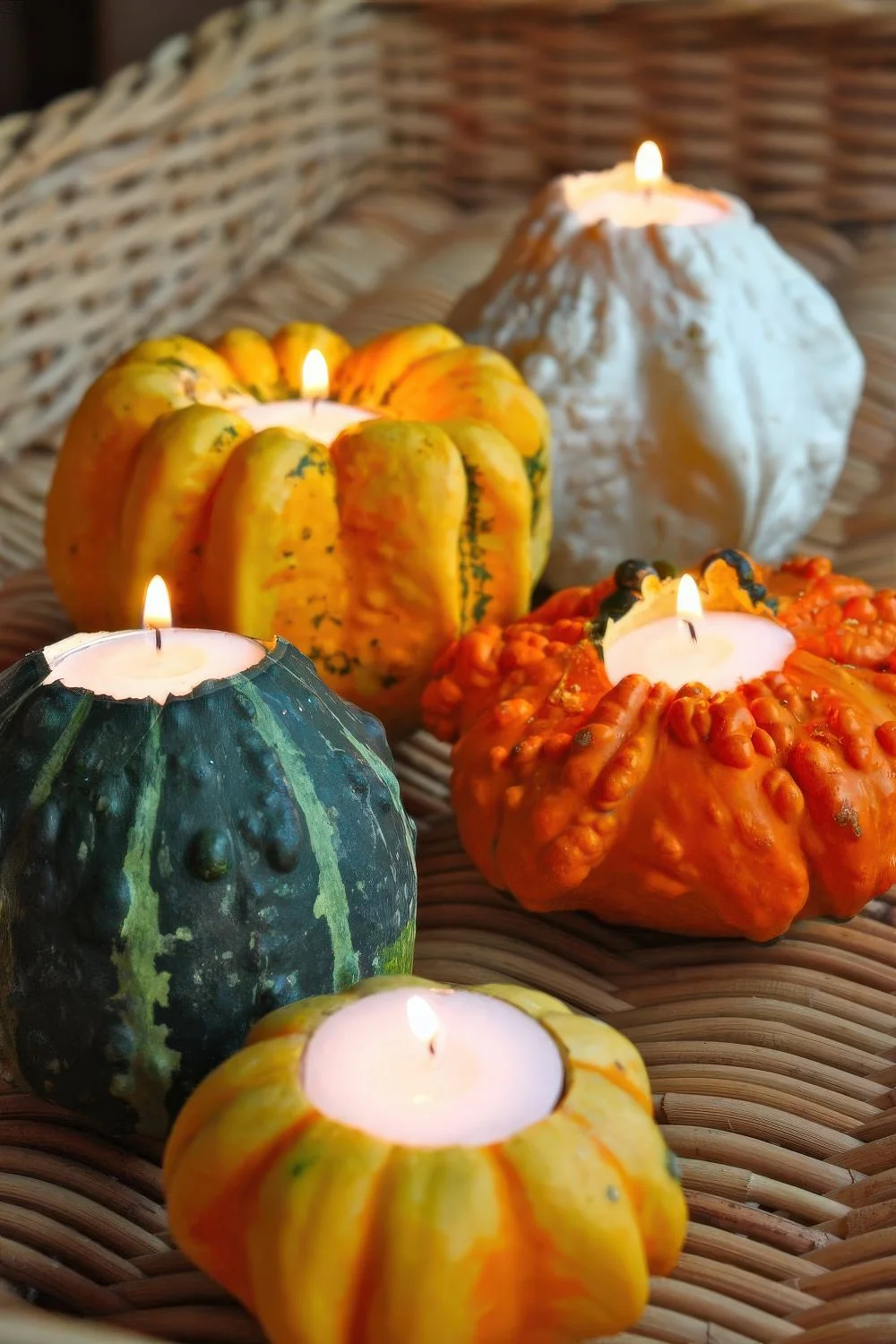 Üzerinde tealight mumlar bulunan balkabağı ve süs kabakları, güçlü sonbahar ruhunu yansıtan pratik mumluklardır.