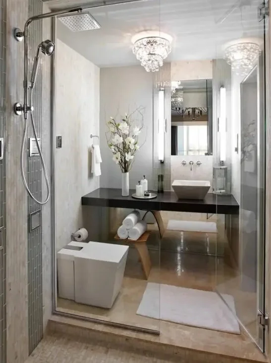 Küçük ve zarif banyo, taş karolar, kristal avize, duş alanı ve gömme koyu renkli lavabo ile tasarlanmış.
