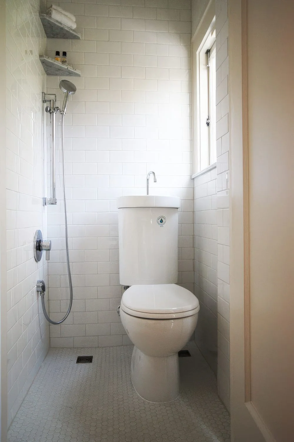 Dokuz metrekare banyoda duşuyla birlikte kullanmak için ideal lavabo-tuvalet kombini.