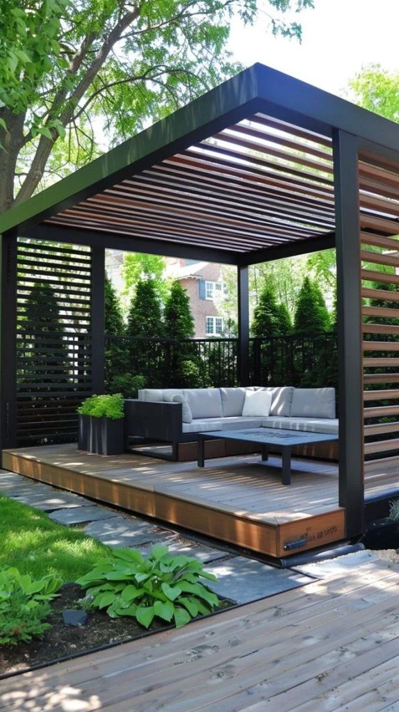 Yükseltilmiş minimal pergola, bahçedeki zor köşeleri dekore etmek için ideal.