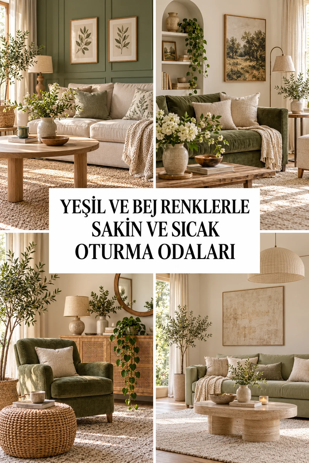 Yeşil ve Bej Renklerle Sakin ve Sıcak Oturma Odaları
