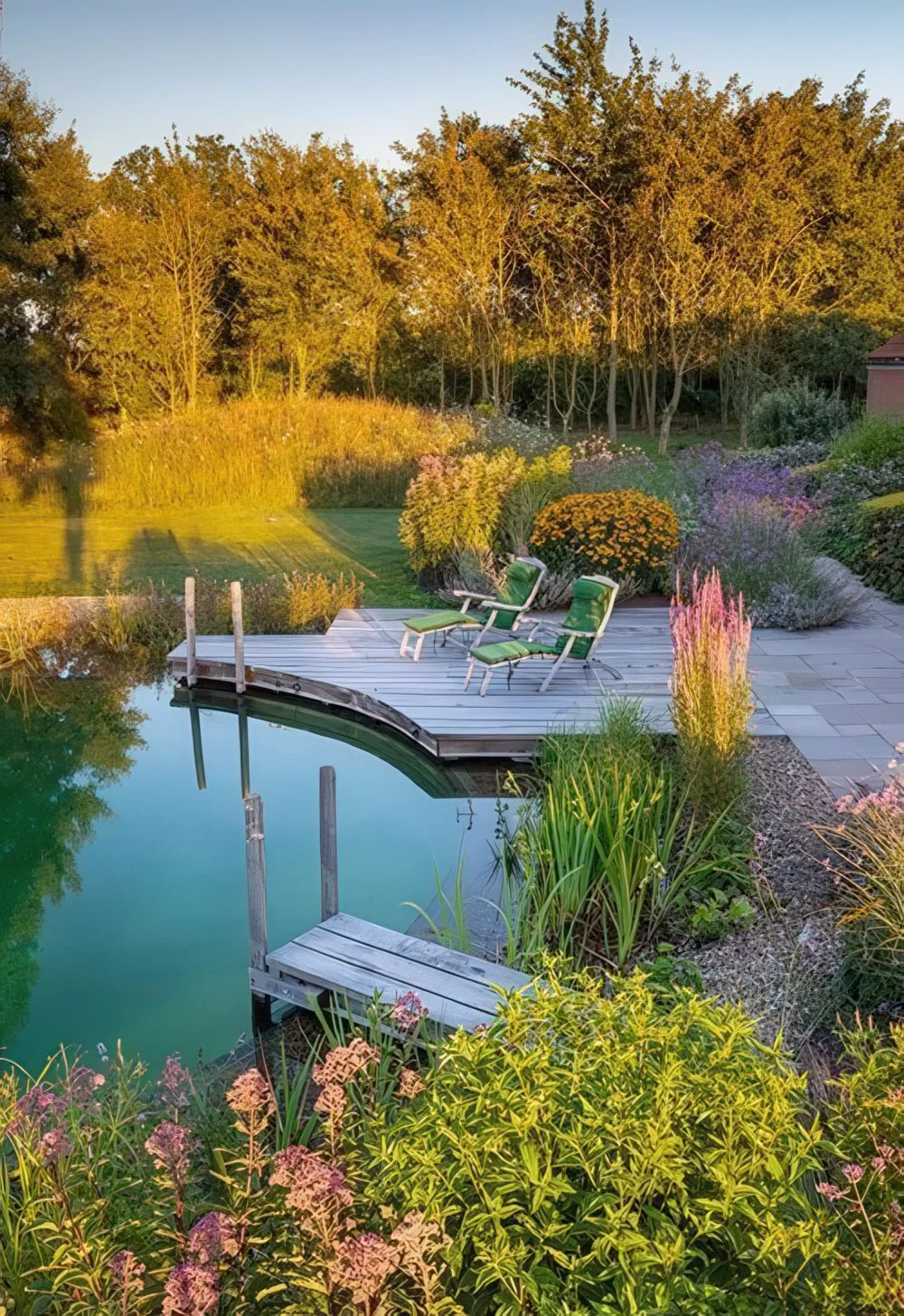 Yeşillik, çiçekler ve bakımlı çimlerle çevrili doğal yüzme göleti ve ahşap iskeleli güzel dış mekan.