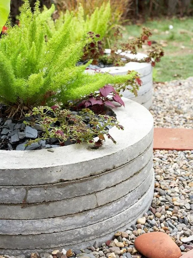 Katlı beton bahçe yatağı, parlak yapraklar ve bitkilerle modern ve biraz endüstriyel bir görünüm sunuyor.
