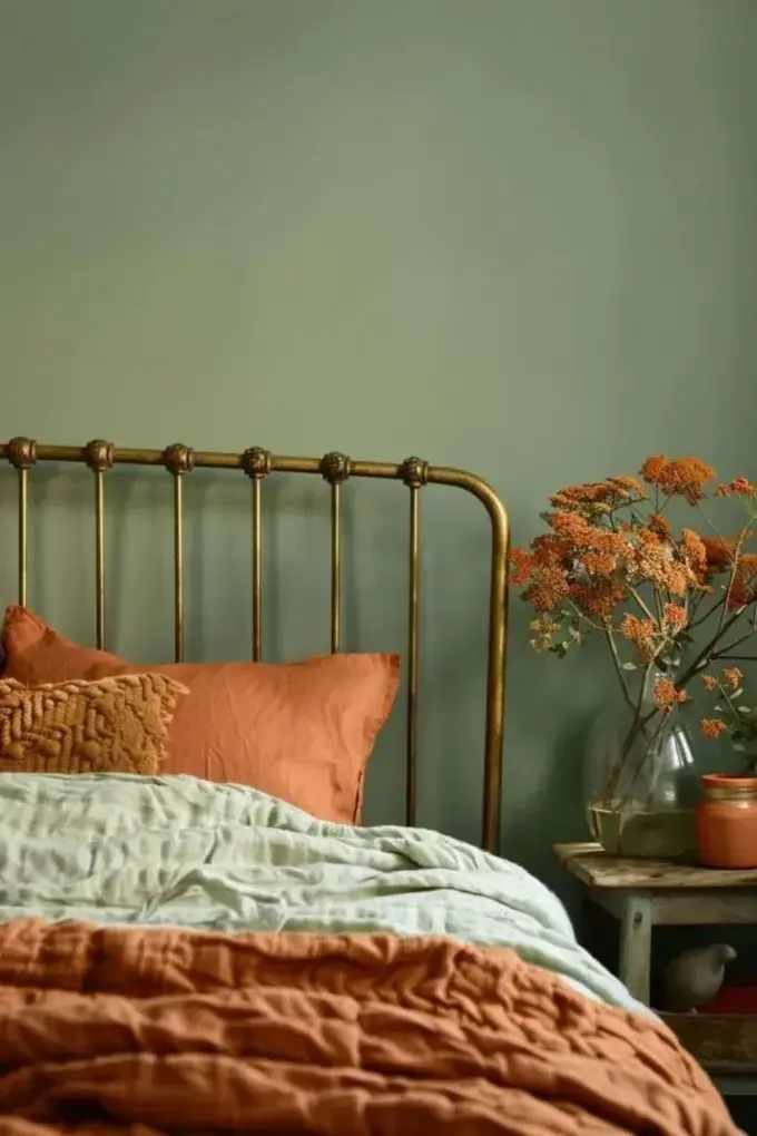 Yatak odası huzur veren yeşil bir tonla dekore edilmiş, metal yatak terracotta yatak örtüleriyle süslenmiş.