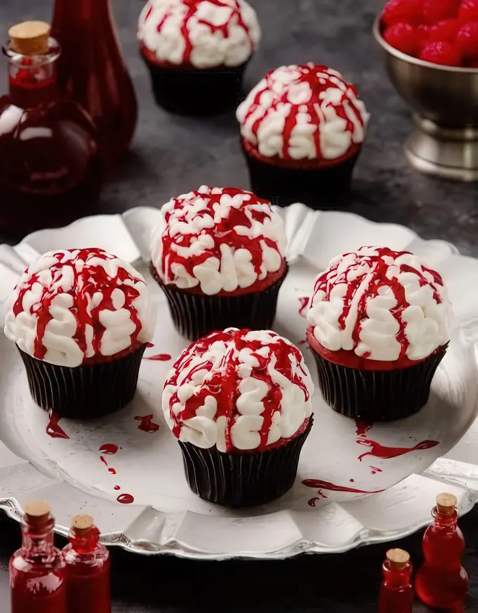 Ahududu aromalı beyin şeklinde cupcakeler korkutucu ve çarpıcı görünüyor, Cadılar Bayramı dekoru için ideal.