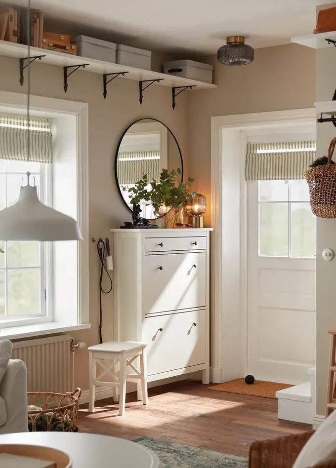 Modern nötr alan, IKEA depolama ünitesi, bir tabure ve şık dekorasyonlar ile düzenlenmiş.