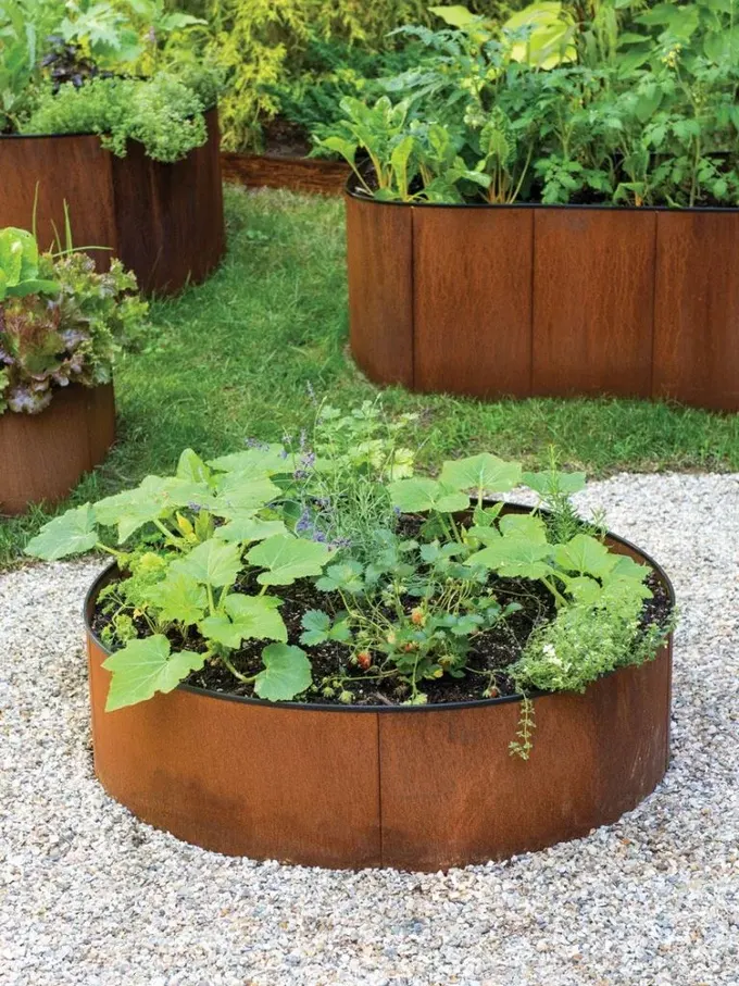 Corten çelik kenarlıklı yuvarlak çiçek yatağı, sebzeler ve bitkiler için güzel bir seçenek.