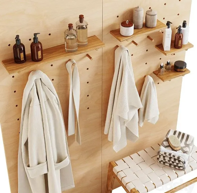 Plywood ve ağaç dekorasyonda kullanılarak banyonuzu spa gibi hissettirecek raflar ve askılarla pegboard panelleri kurun.