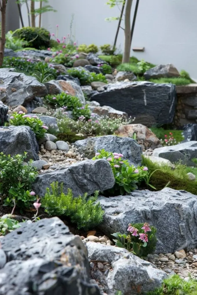 Alp kaya bahçesi, kuraklığa dayanıklı bitkileriyle ve çekici görünümüyle güzel bir xeriscape örneği.