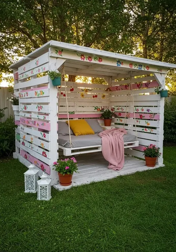 Paletten yapılan pergola boyanarak daha şık görünüyor, sallanan gündelik ise uykuya keyif katıyor.