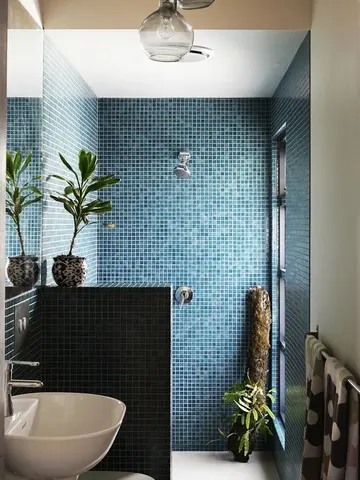 Mavi fayanslarla kaplı şık küçük banyo, duş alanında pony duvar ve pencere, saksı bitkileriyle küçük ve rahat.