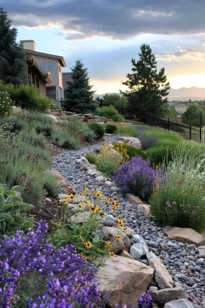 Kurutulmuş nehir yatakları, xeriscape için popüler ve etkili bir çözüm.