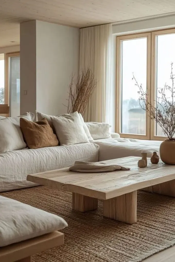 Dokulu ahşap, sisal ve kurutulmuş dallar en iyi wabi-sabi hissini veriyor.