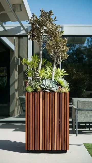 Dikey çıtalı küçük saksı modern ve şık bir çözüm; ağaç ve sukulent düzenlemesi çok cesur.