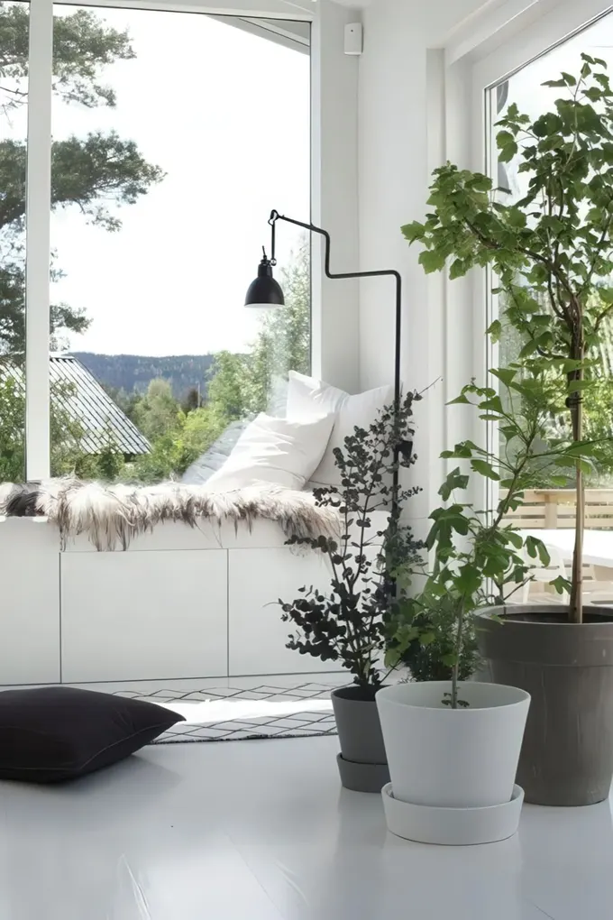Yastıklar ve yapay kürkle döşenmiş rahat pencere pervazı yatak, IKEA Besta çekmeceleriyle.