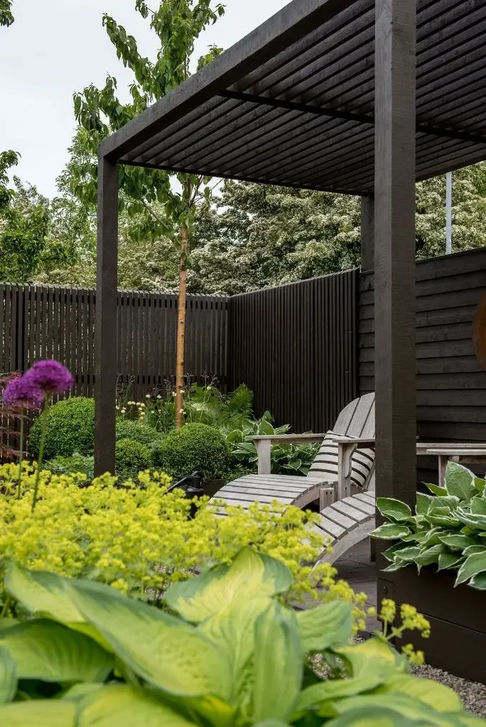 Koyu renk vernikli pergola çevredeki çitle uyumlu, sevdiğiniz sarmaşıklarla kaplayabilirsiniz.