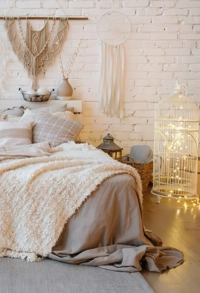 Beyaz tahta yatak, nötr nevresimler, ışıklarla dolu kafes ve bazı püsküller, bohem asmalarla nötr boho yatak odası.