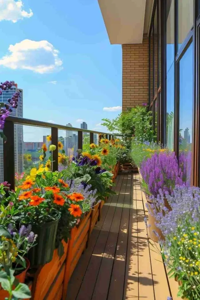 Uzun ve dar balkon, çiçeklerle dolu renkli ve güzel bir seraya dönüşmüş.