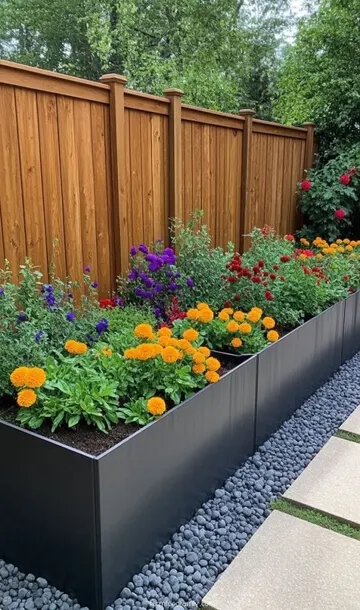 Siyah metal bahçe yatakları şık ve modern, parlak çiçeklerle cesur kontrast oluşturuyor.