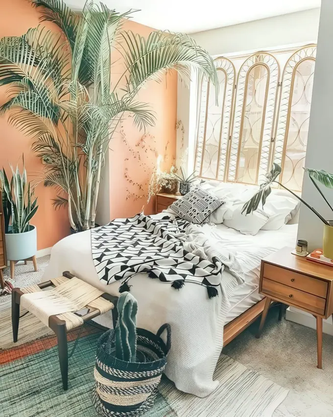 Rattan paravan, ahşap mobilyalar, şeftali rengi duvar, saksı bitkileri ve hasır tabureli aydınlık boho yatak odası.