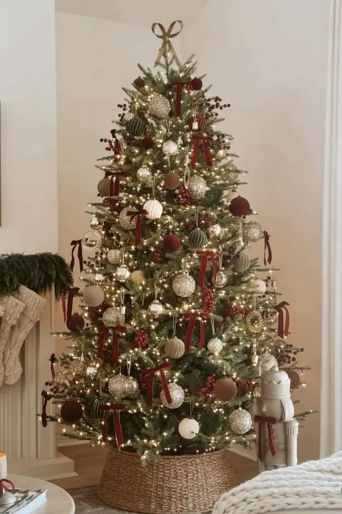 Yılbaşı ağacı burgundy ve menekşe kadife toplar, cıva cam süsler ve burgundy kadife fiyonklarla süslenmiş.